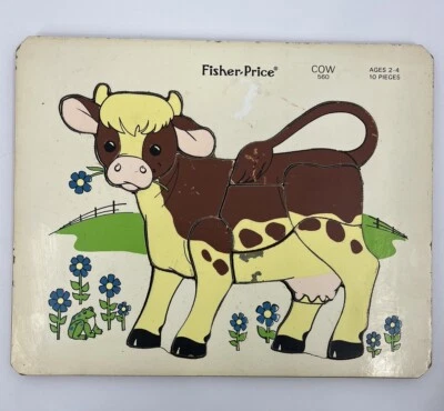 Vintage Fisher Price Cow Puzzle Wood 10 Pieces 560 Ages 2-4 Complete 1974 - Image 1 of 4