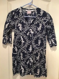 GRETCHEN SCOTT White Blue Seahorse Love Tunic Top Blouse sz Medium Girls Cotton  - Picture 1 of 7