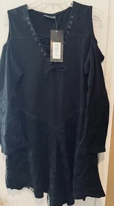 Floral Lace Dress Womens XL Black Whimsigoth Dark Cottage Goth Bohemian Tunic - Picture 1 of 10