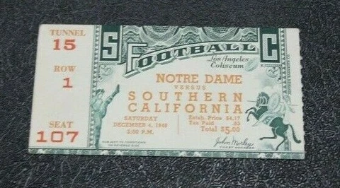 1948 NOTRE DAME NCAA FOOTBALL VS USC TROJANS TICKET VERY NICE CONDITION RARE Cover
