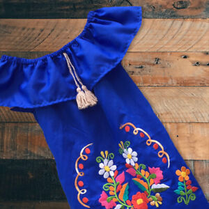 Handmade Girls Off the Shoulder Embroidered Mexican Dress - Size 2