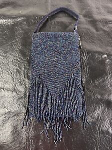 Bamboo Trading Co Beaded Wallet Sm Purse Bag Fringe Iridescent Blue Cell Phone