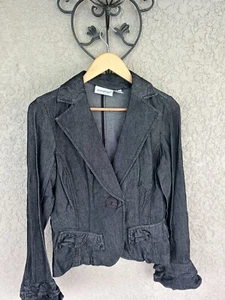 Jeanology Vintage Ruffled Dark Wash Chambray Women’s Jean Jacket - Picture 1 of 9