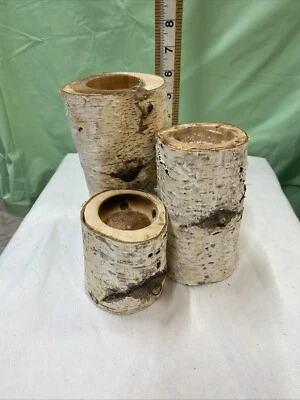 3 Rustic Bark Real Wood Candle Holders - Image 1 of 4