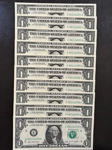 NEU Unzirkuliert Sequentielle One Dollar $1 Scheine - Serie 2021 (Menge 10) - $10 Gesicht - Bild 1 von 6