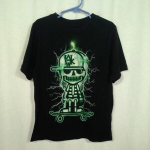 Tony Hawk boys t-shirt Size L 7 Black Lightning Skateboard White Green Skeleton