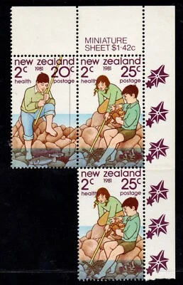 NEW ZEALAND 1981 HEALTH "FISHING / CRAB IMPRINT BLOCK OF (3) MNH — 第 1/2 张图片