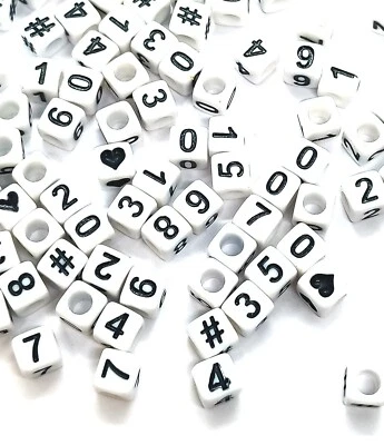 100pcs 6mm cube white + black numbers, heart and # acrylic beads DIY Craft - Image 1 of 3