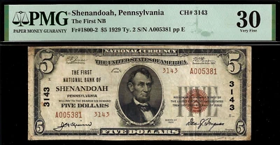 1929 $5 National Bank Shenandoah, Pennsylvania CH# 3143 PMG 30 rare 7 known - Image 1 of 3
