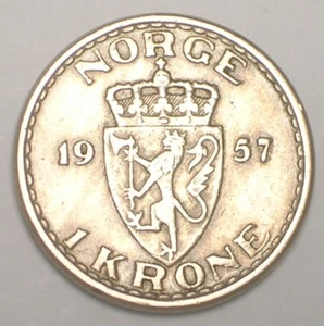 1957 Norway Norwegian One 1 Krone Lion on Shield Monogram Coin VF+ - Picture 1 of 2