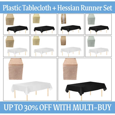 Jute Burlap Table Runner and Plastic Table Cover for Rustic Wedding Event Decor - Image 1 of 4