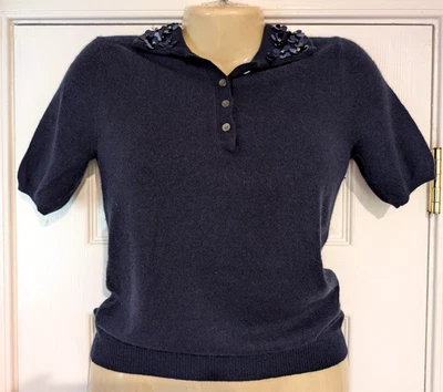 Joe Fresh Cashmere Sweater Blue Short Sleeve 1/4 Button Sequin Collar XS Top EC - Image 1 of 4