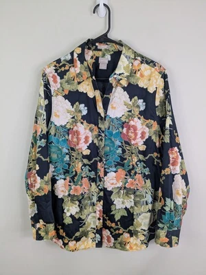 Blusa Chicos Para Mujer Extra Grande Negra Floral Abotonada Manga Larga Boho Foto 1 de 4