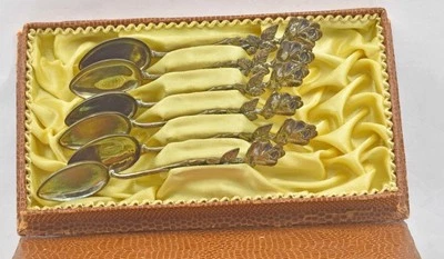 Antiguo Juego de 6 - 800 Cucharas Mango Flor Fundida Vermeil Caja Ajustada Foto 1 de 4