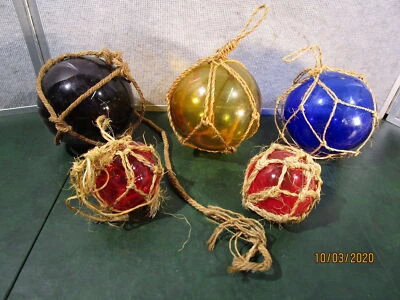 5 Vintage Maritime Nautical Glass Ball Fishing Floats with Net - Image 1 of 4