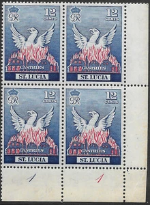 St Lucia 1951 12c sg 166 MNH Plate 1 block of 4 Reconstruction of Castries - Picture 1 of 2