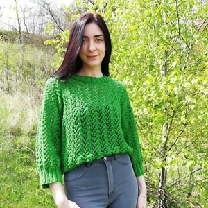 Women Summer Sweater Bright Green Cotton Y2K Openwork Knitted Jumper Oversized - Picture 1 of 12