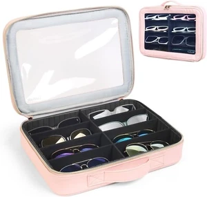 8 Slots Luxtude Clear Sunglasses Organizer and Holder Premium Leather Case, Pink - Picture 1 of 7