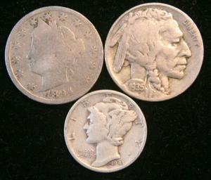 Old Rare US Coins Starter Collection Lot of 3, Buffalo Liberty V & Mercury! - Picture 1 of 2
