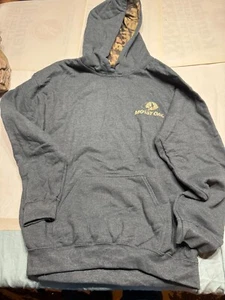 Vintage Mossy Oak Hoodie Mens M grey Sweatshirt Camo Logo Deer Hunting Sweater - Picture 1 of 4