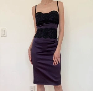 Vintage Dolce & Gabbana purple satin black lace midi dress fancy sexy Medium - Picture 1 of 7