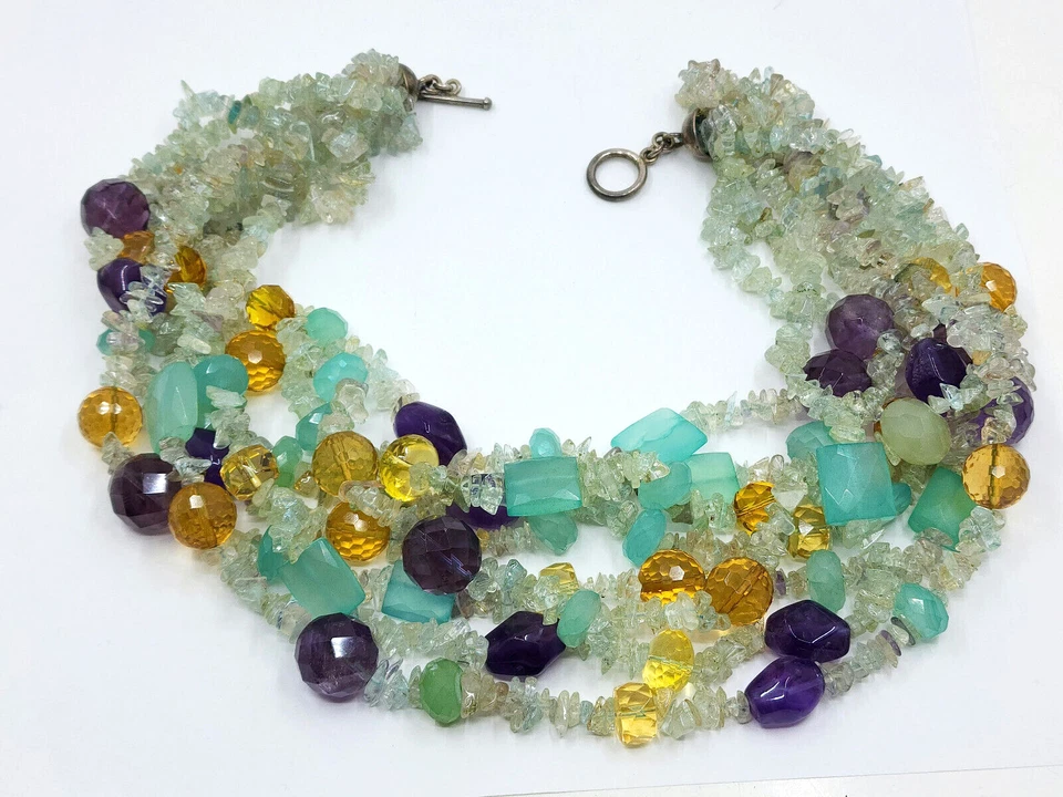 MULTI STRAND AMETHYST, DYED QUARTZ GEMSTONES BIB STATEMENT CHOKER NECKLACE ~18 " - Image 1 of 4