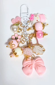 HELLO KITTY BAG CHARM | Pink & White Bow Pearls Beads | Handmade Kawaii - Picture 1 of 5