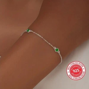 925 Sterling Silver Simple Green Zircon Chain Bracelet - Picture 1 of 5