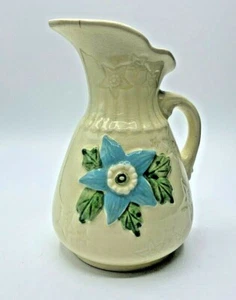Antique Hull Pottery USA 6-6 Blue Star Flower Creamy Yellow Glaze Pitcher~6.5" - Picture 1 of 7