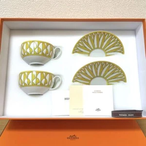 Hermes Soleil d'Hermes Tea Cup Saucer 2 set yellow porcelain coffee 057 - Picture 1 of 9