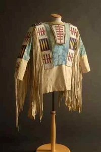 Native Old Style beige Buckskin Wildleder Fell Fransen Perlen Powwow Krieg Hemd NHS10 - Bild 1 von 3