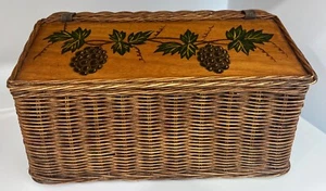 Wicker Rattan Picnic/Storage Basket Box Flip Top Lid Leather Latch Painted Fruit - Picture 1 of 21