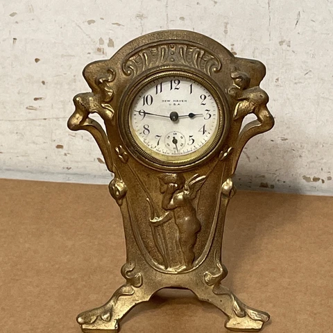 Antique New Haven Art Nouveau Desk Novelty Clock Parts W/ Cherub Cover