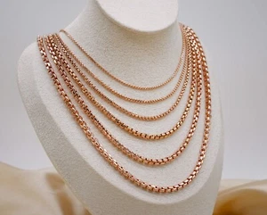 14K Real Rose Gold Round Box Necklace- Thick Gold Chain, Box Gold Chain - Picture 1 of 11