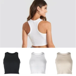 Crop Midriff Ladies Round Sleeveless Women's T-Shirt Neck Top Vest Blouse Plain - Picture 1 of 13