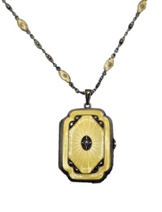 Antique Sterling Silver Guilloche Enamel Long Link Chain w/ Matching Locket - Picture 1 of 14