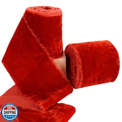 RIBBOOO 2 Rolls Rust Red Velvet Ribbon 3 Inch Handmade Fringe Frayed Silk Vel - Image 1 of 4