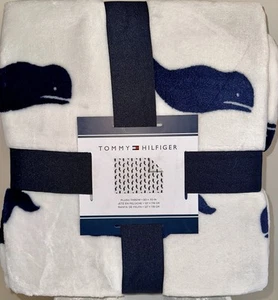 TOMMY HILFIGER Plush Throw Blanket Fleece 70 x 50 Nautical Whales Navy White NWT - Picture 1 of 6