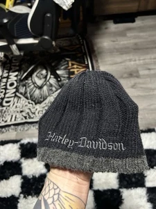 Harley Davidson Embroidered Logo Y2K Black Striped Beanie - Bild 1 von 4