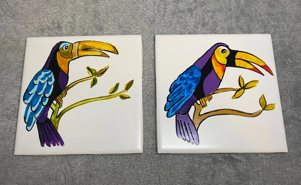 Vintage handbemalte tropische Vogel Keramikfliesen - passendes Paar - Made in USA - Bild 1 von 4