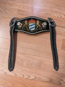 Vintage Leder Hosenträger Hosenträger für Lederhosen Shorts schwarz mit Schnallen Wappen  - Bild 1 von 3