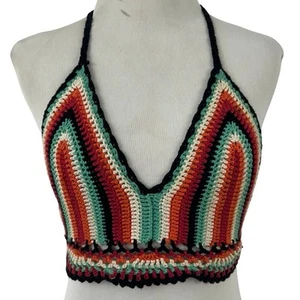 Blue Blush Women Crotchet Knit Halter Cropped Tank Top Festival Boho Size M/L - Picture 1 of 6