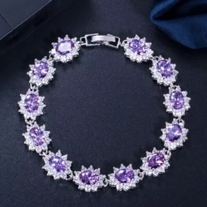 Lab Created Tanzanite & Diamond 14K White Gold Plated Flower Tennis Bracelets - Picture 1 of 4