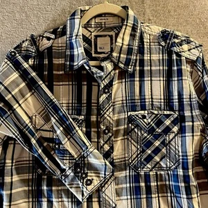 BKE Buckle Shirt Mens Medium BLUE Athletic Fit Long Sleeve Western Epaulettes - Picture 1 of 8