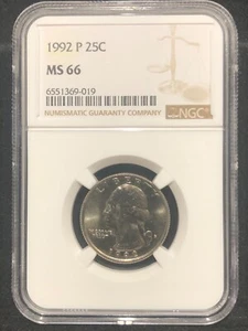 1992 P NGC Brown Label MS66 WASHINGTON QUARTER...HIGH GRADE! Bright White Coin - Picture 1 of 6