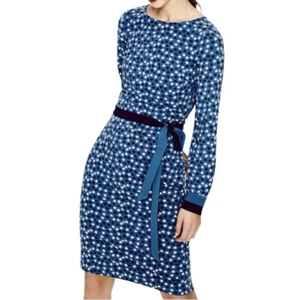 Boden Fawn Jersey Midi Dress Size 4L Long Blue White Stars Novelty Long Sleeves - Picture 1 of 9