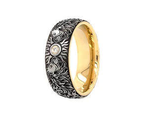 Engraved Lion Head Tungsten Ring with Round Cut Diamond - Picture 1 of 7