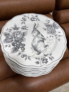 Maxcera Happy Easter Grey Bunny Rabbit Dinner Plates S/4 ~NEW ~ - Picture 1 of 1