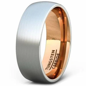 Mens Wedding Band 8mm Brushed Tungsten Ring Rose Gold Inside Dome Comfort Fit - Picture 1 of 6