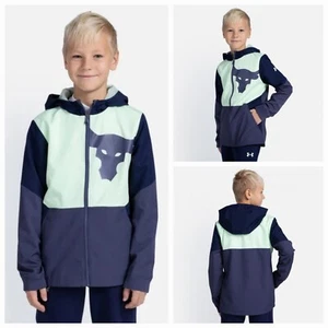 UNDER ARMOUR Boys Project Rock Legacy Hooded Wind Jacket Navy SELECT SIZE NEW - Picture 1 of 18